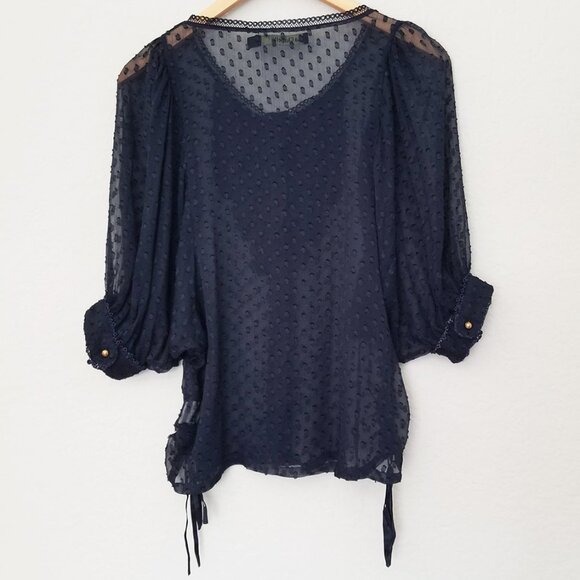 La Chapelle Navy Blue Sheer Chiffon Ruffle Batwing Blouse Top Romantic Coquette - Picture 14 of 15